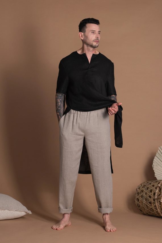 Tapered Elastic Waist Natural Flax Pants For Men With Pockets