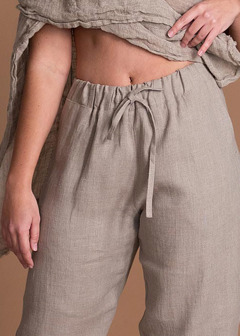 Everyday Tapered Wide Leg Women's Natural Flax Pants With Wide Elastic Waistband And Side Pockets
