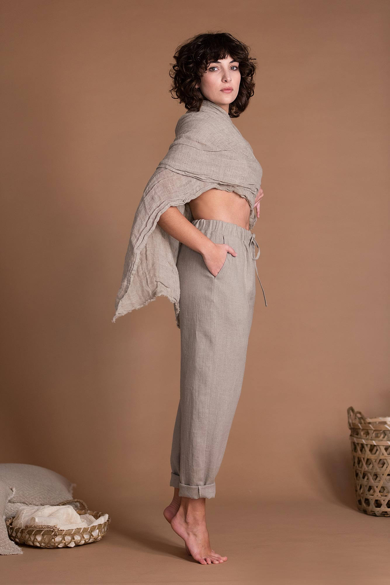 Everyday Wide Leg Tapered Women's Linen Pants With Wide Elastic Waistband And Side Pockets