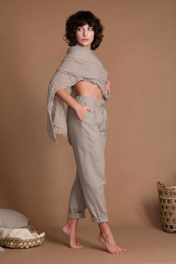 Everyday Wide Leg Tapered Women's Natural Flax Pants With Wide Elastic Waistband And Side Pockets