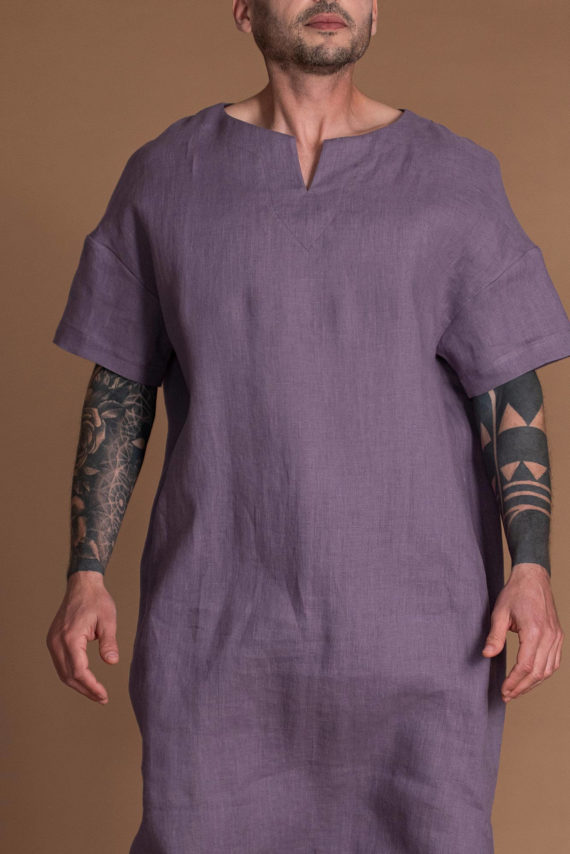 Unisex Oversize Loose Linen Kaftan Dress With Short Sleeves And Pockets