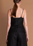 Black Short Sleeveless Slim Cut Linen Top With Long Spaghetti Straps