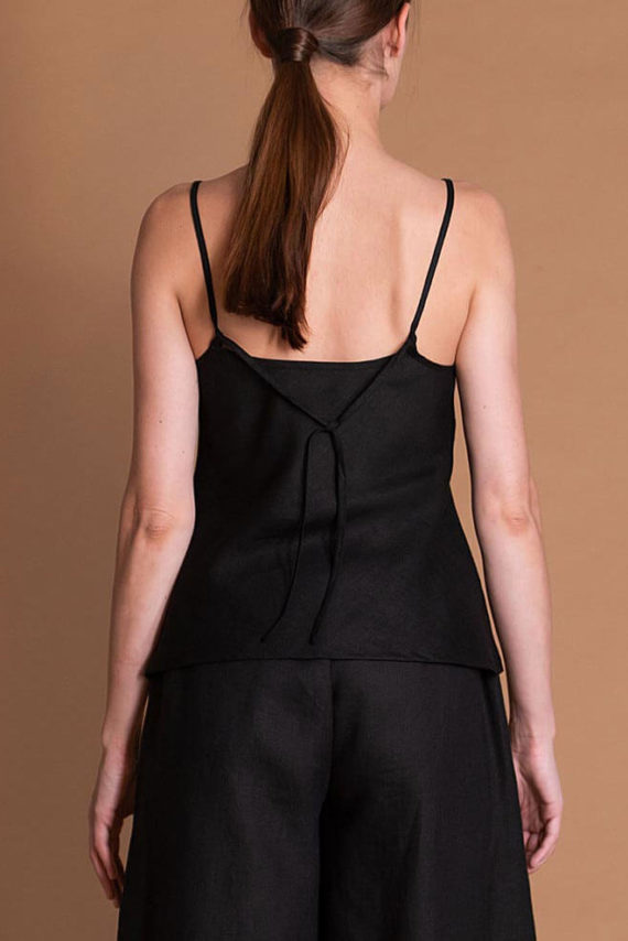 Black Short Sleeveless Slim Cut Linen Top With Long Spaghetti Straps