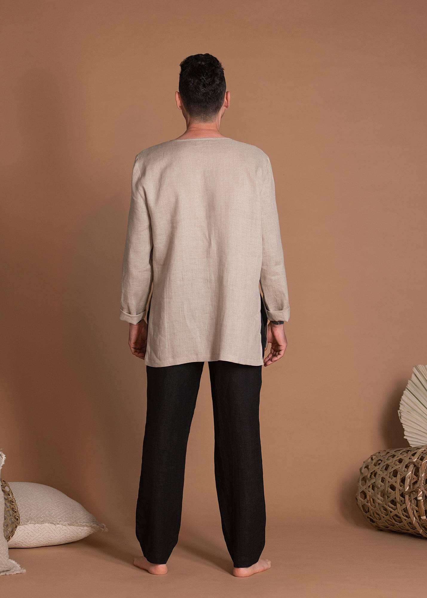 Men's Long Sleeves Linen Top With Side Slits