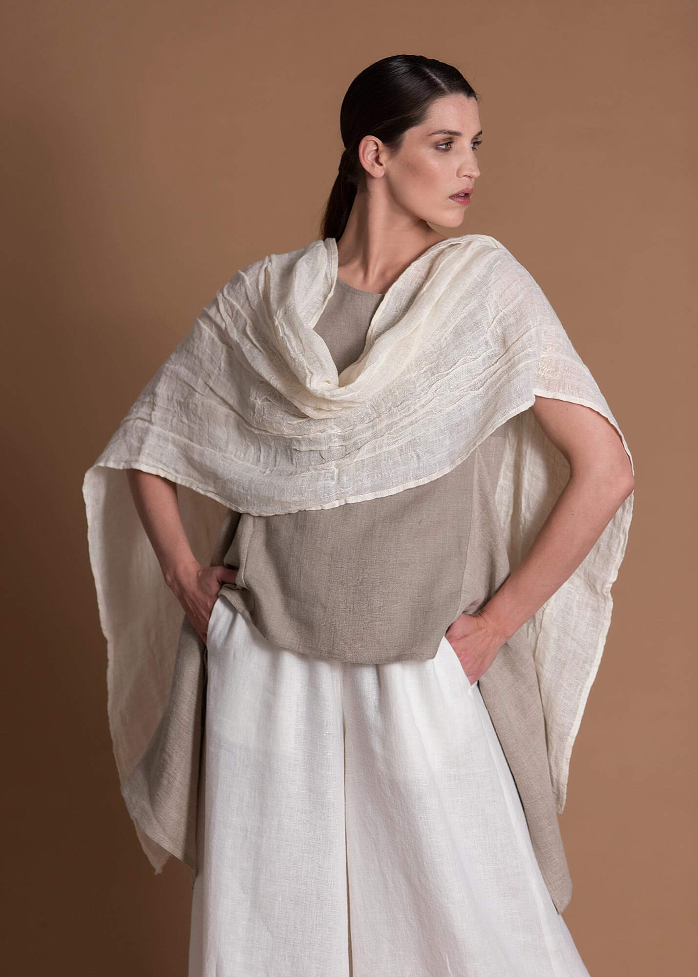 Ivory Long Linen Scarf From Softened Coarse Linen