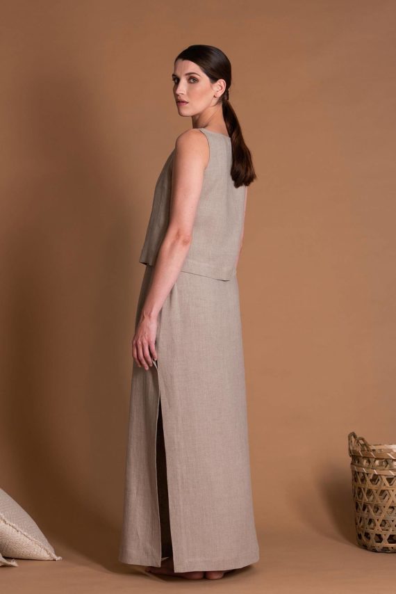 Straight High Waist Linen Maxi Skirt Without Pockets With Side Slits