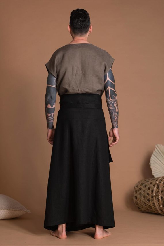 Black Long Flax Skirt With A Belt For Men or Women