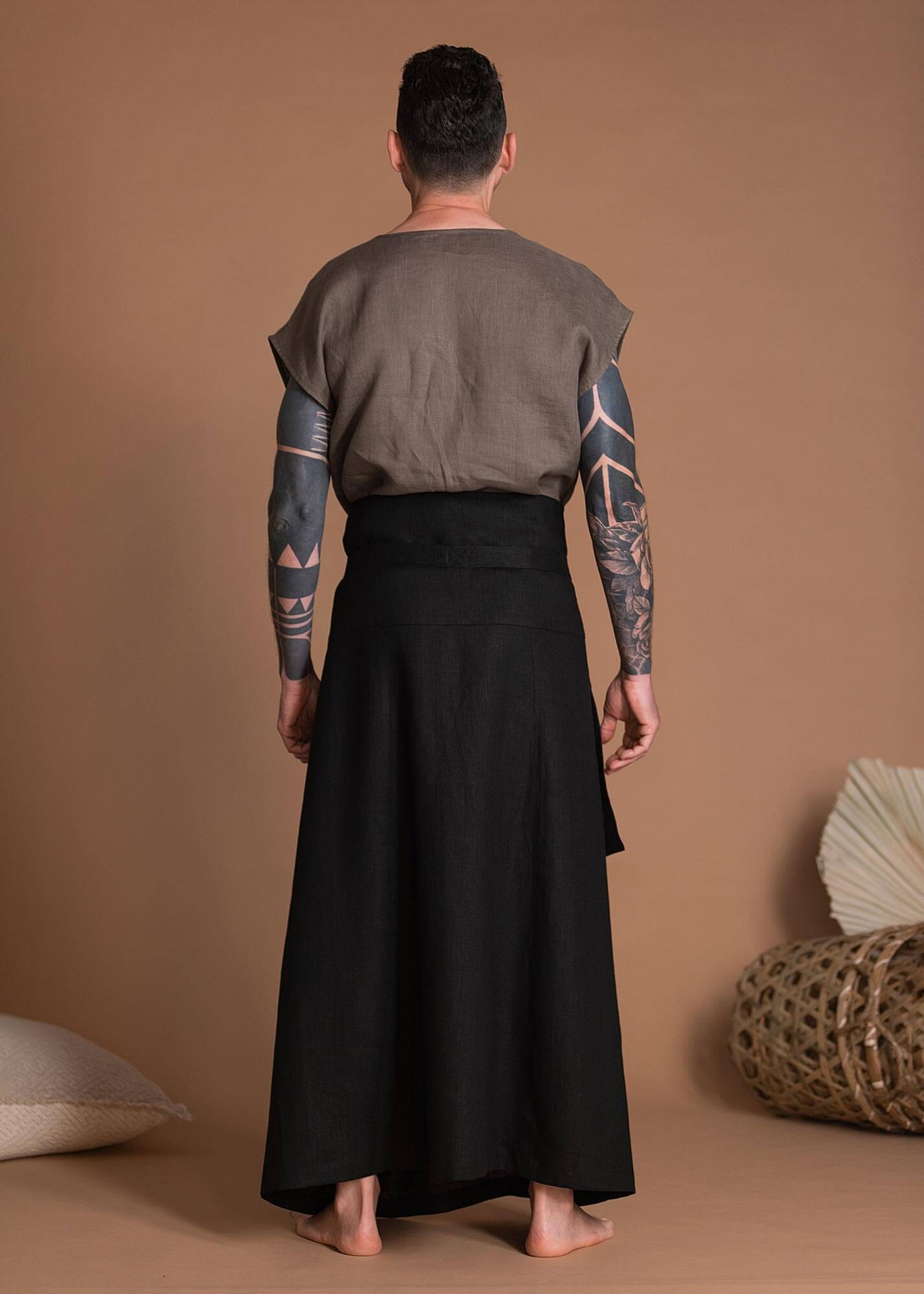 Black Long Flax Skirt With A Belt For Men or Women