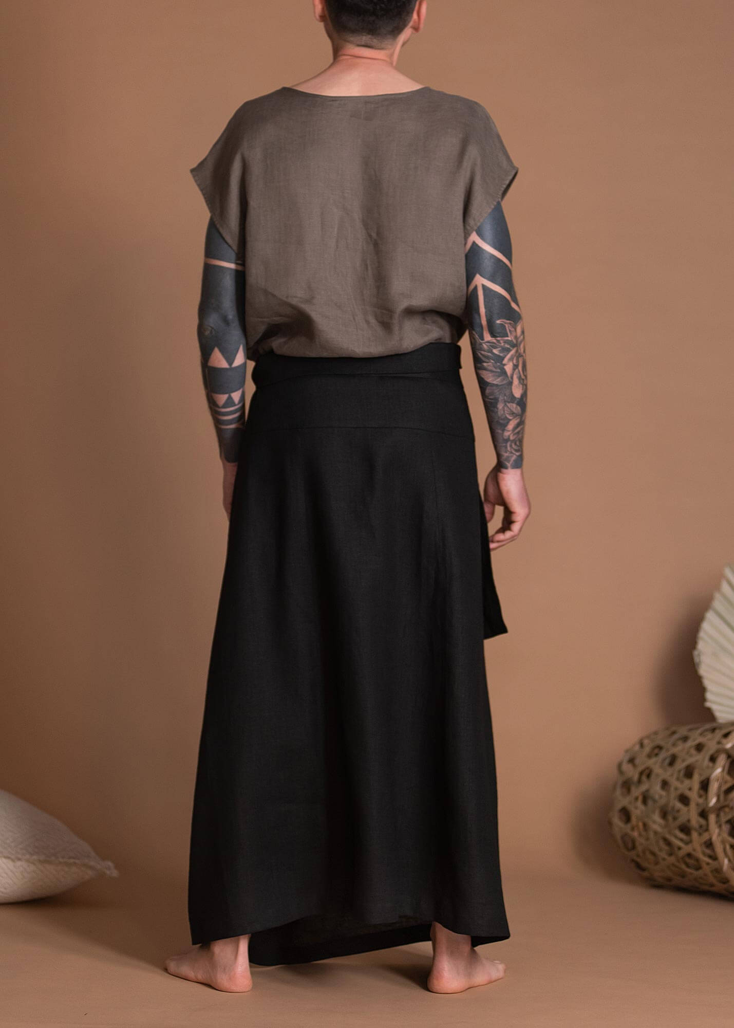Black Unisex Oversize Linen Maxi Skirt With One Large Pocket