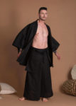 Men's linen wrap skirt in black, side tie closure