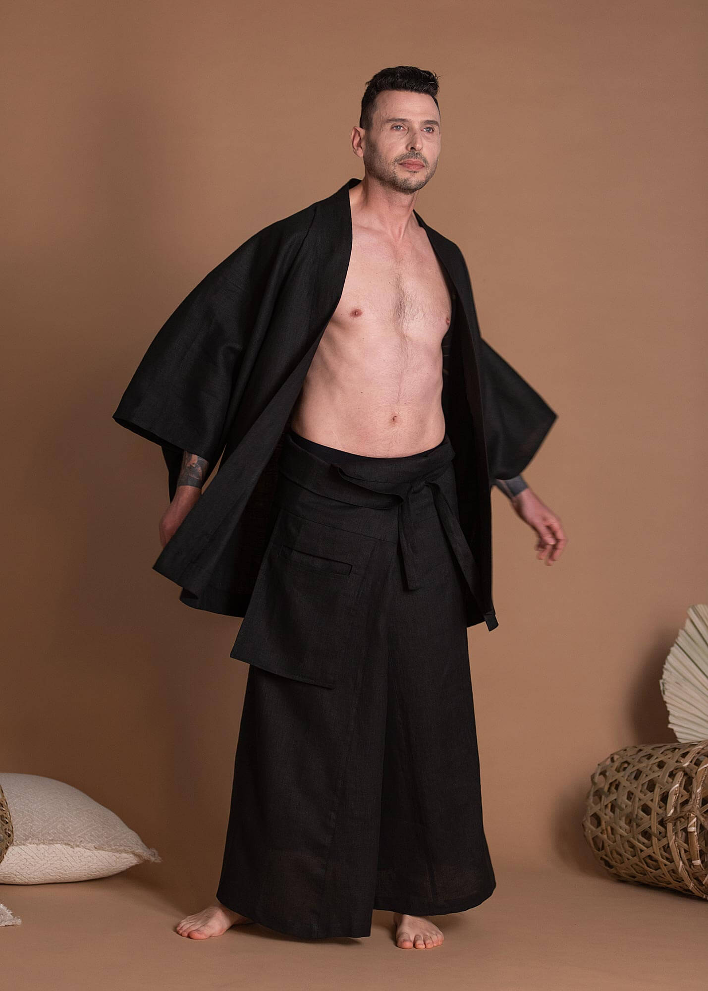 Unisex Oversize Black Long Linen Skirt With One Large Pocket