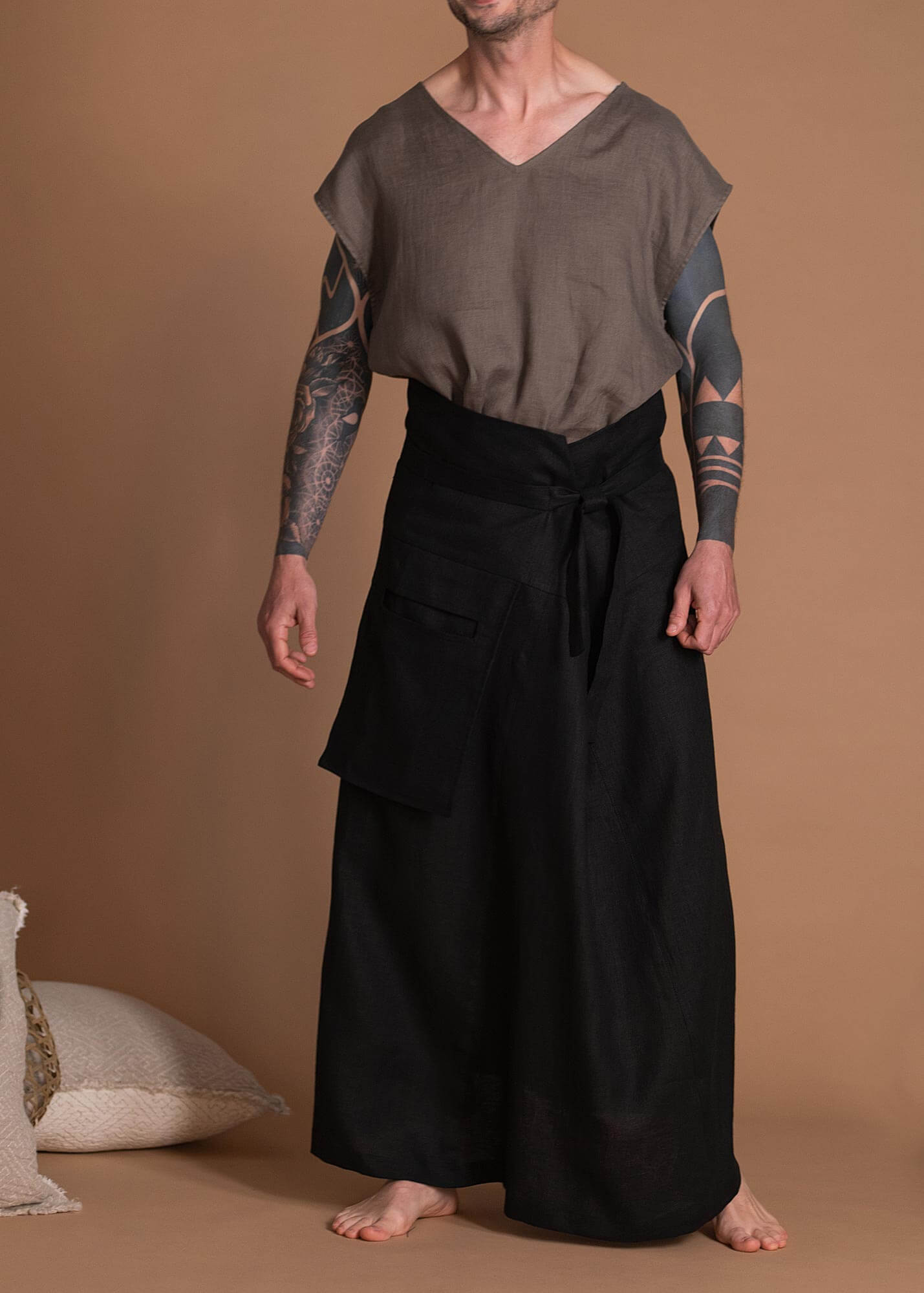 Black Unisex Oversize Flax Maxi Skirt With One Large Pocket
