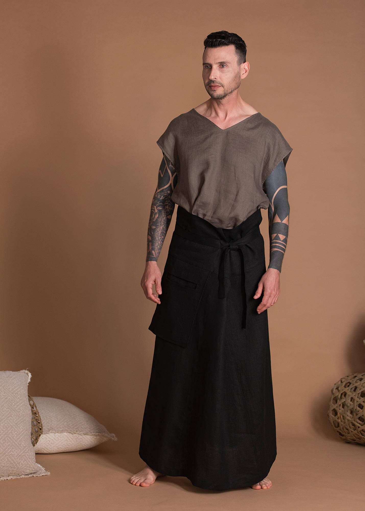 Unisex Oversize Black Long Flax Skirt With One Large Pocket