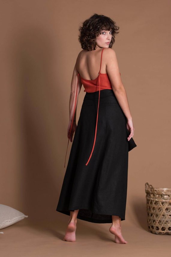 Unisex Black Wrap Long Linen Skirt With One Large Pocket
