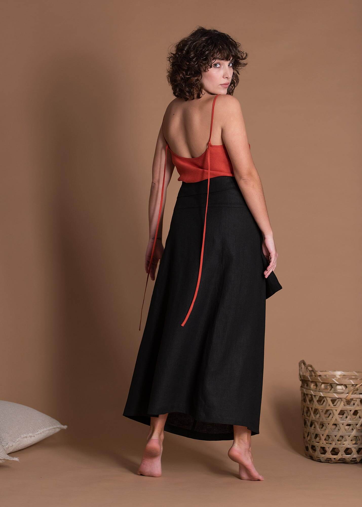 Unisex Black Wrap Long Linen Skirt With One Large Pocket
