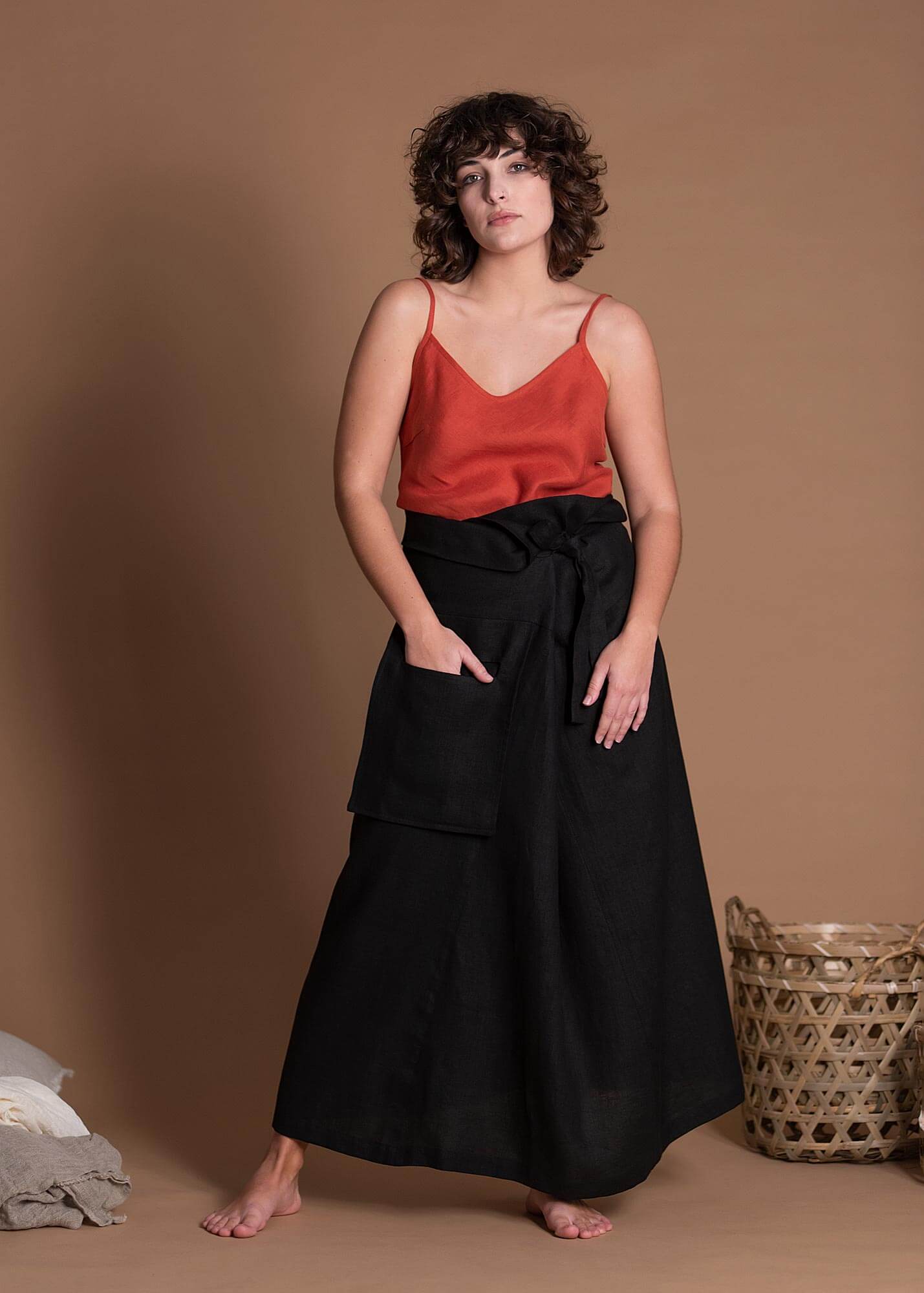 Unisex Long Black Wrap Flax Skirt With One Large Pocket