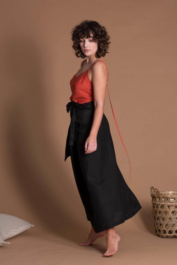 Unisex Black Long Wrap Flax Skirt With One Large Pocket