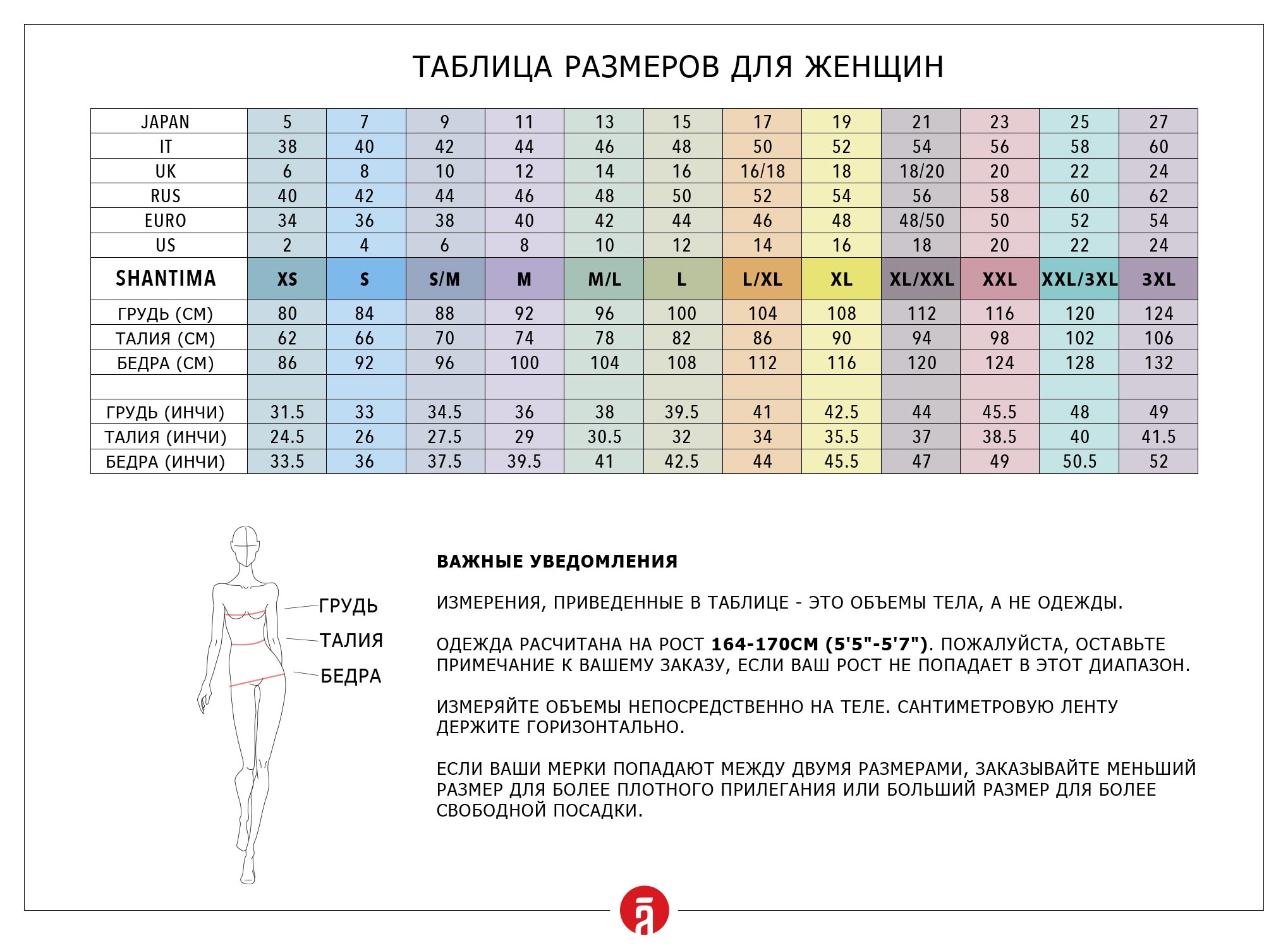 Таблица размеров для женщин Shantima