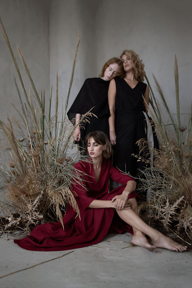 Dark red and black outfits from Mistral Breath Linen Collection 2024, Sustainable Linen Clothes Online.